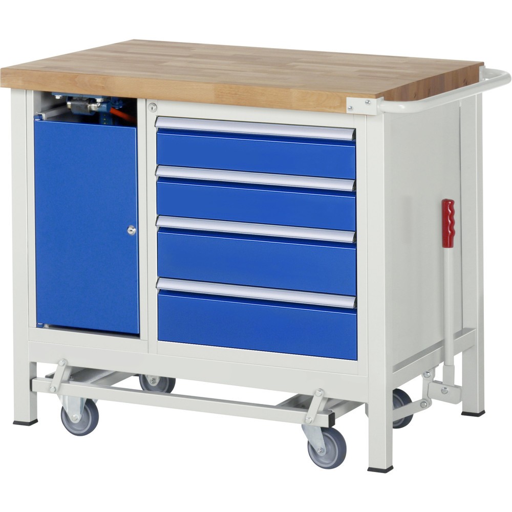 Produktabbildung Nr. 9: RAU Werkbank Serie 8000 mit absenkbarem Fahrgestell, 2 Container, 1 Ablageboden, HxBxT 880 x 1.250 x 700 mm, 3 x 100%-Auszug-Schubladen, ErgoScript®