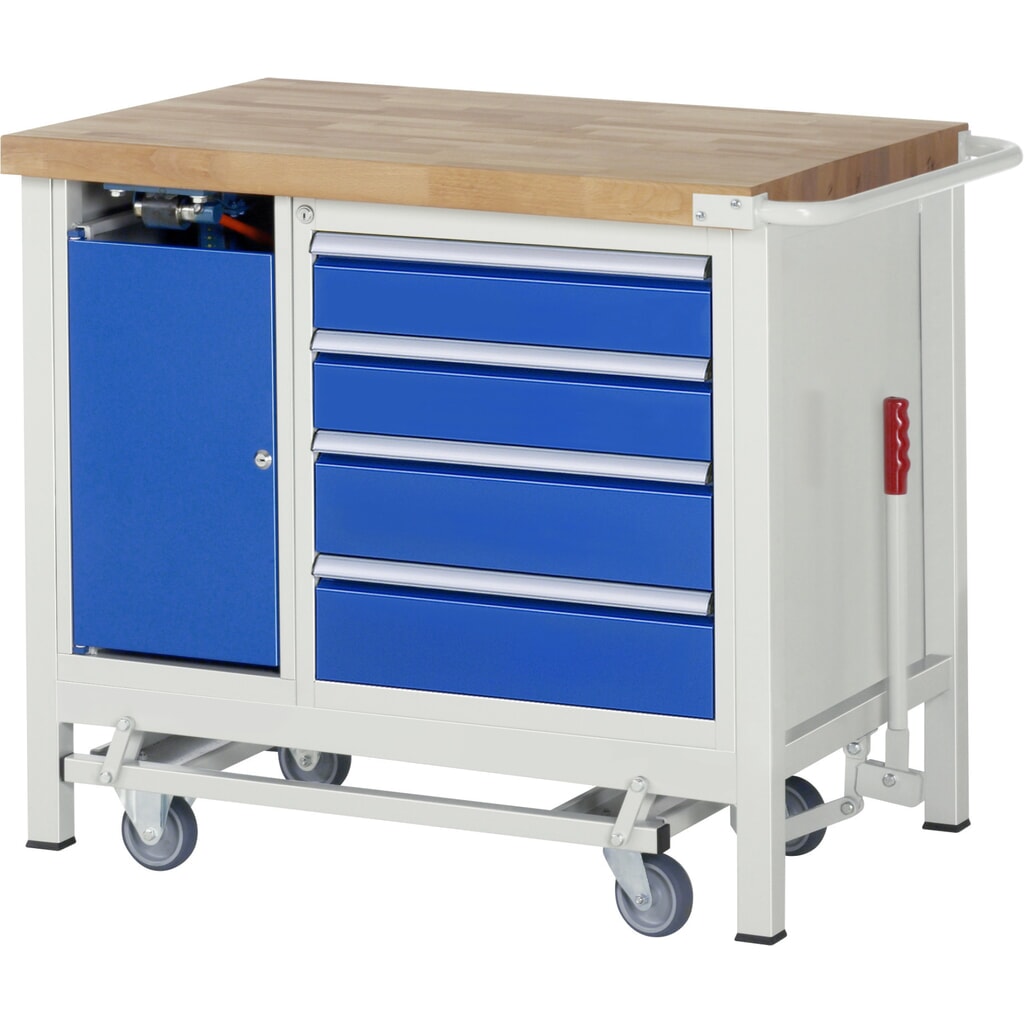 Produktabbildung Nr. 12: RAU Werkbank Serie 8000 mit absenkbarem Fahrgestell, 2 Container, HxBxT 880 x 1.000 x 700 mm, 3 x 90%-Auszug-Schubladen, ErgoScript