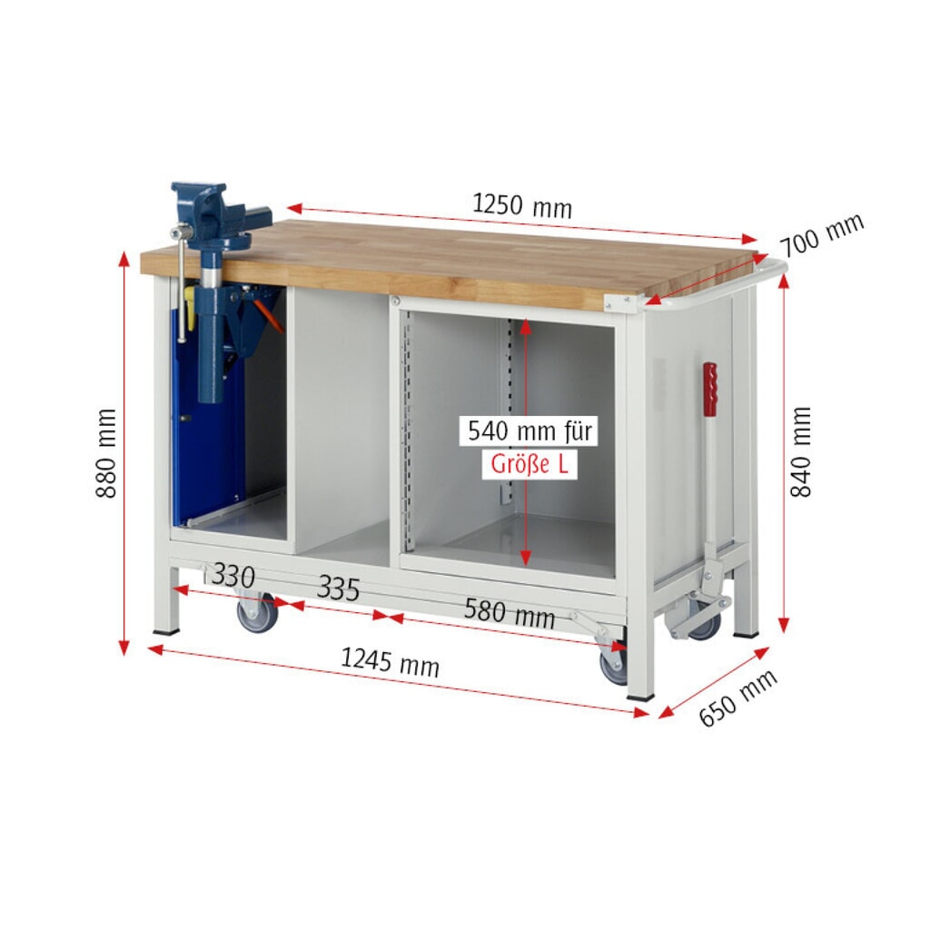 Produktabbildung Nr. 14: RAU Werkbank Serie 8000 mit absenkbarem Fahrgestell, 2 Container, 1 Ablageboden, HxBxT 880 x 1.250 x 700 mm, 5 x 90%-Auszug-Schubladen