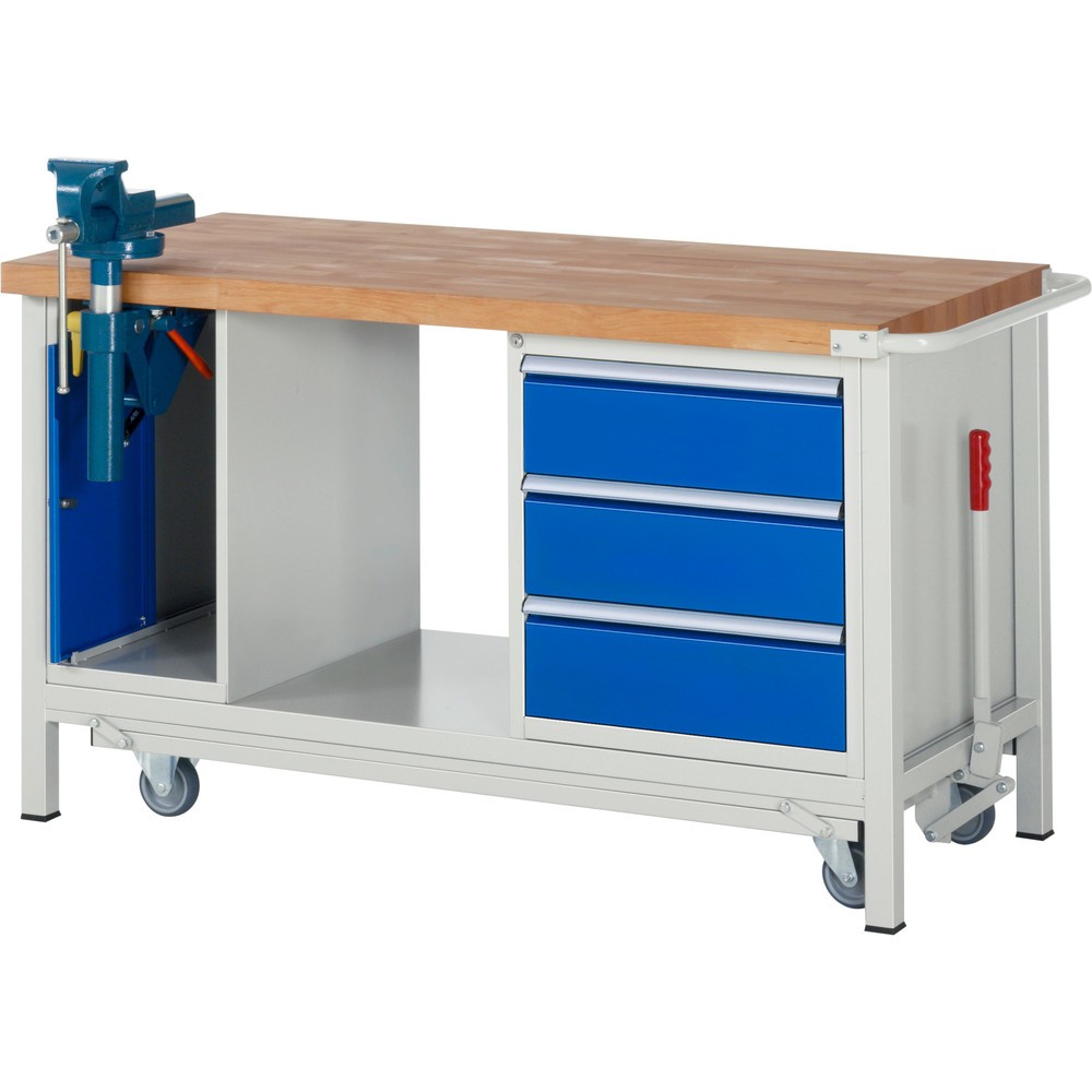 Produktabbildung Nr. 1: RAU Werkbank Serie 8000 mit absenkbarem Fahrgestell, 2 Container, 1 Ablageboden, HxBxT 880 x 1.500 x 700 mm, 3 x 90%-Auszug-Schubladen, ErgoScript®