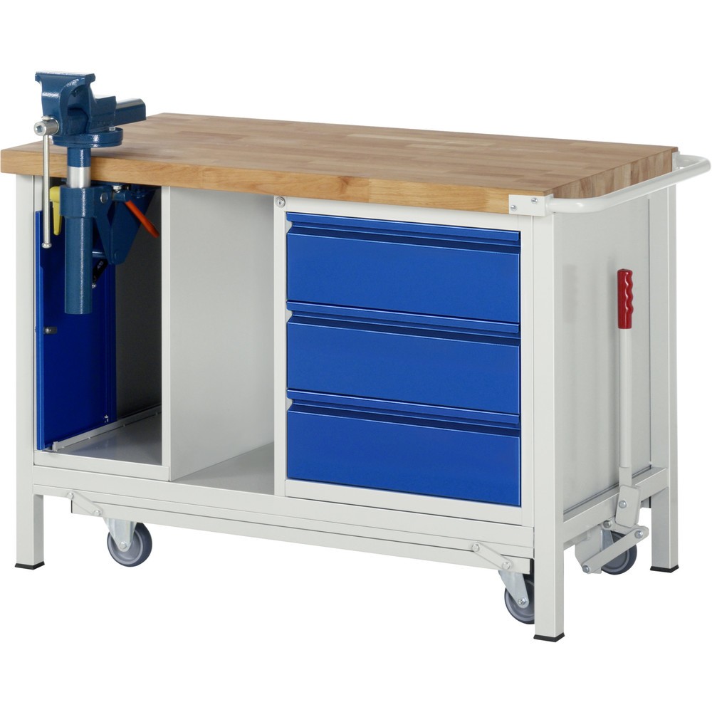 Produktabbildung Nr. 1: RAU Werkbank Serie 8000 mit absenkbarem Fahrgestell, 2 Container, 1 Ablageboden, HxBxT 880 x 1.250 x 700 mm, 3 x 90%-Auszug-Schubladen, integrierte Griffleiste