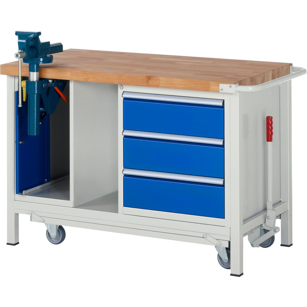 Produktabbildung Nr. 1: RAU Werkbank Serie 8000 mit absenkbarem Fahrgestell, 2 Container, 1 Ablageboden, HxBxT 880 x 1.250 x 700 mm, 3 x 100%-Auszug-Schubladen, ErgoScript®