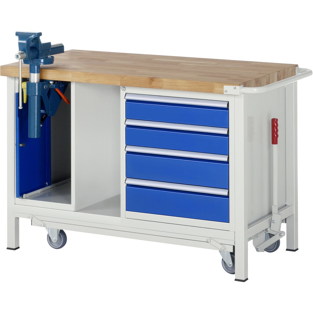 RAU Werkbank Serie 8000 mit absenkbarem Fahrgestell, 2 Container, 1 Ablageboden, HxBxT 880 x 1.250 x 700 mm, 4 x 90% Auszugs-Schubladen, Schraubstock Produktabbildung: RAU Werkbank Serie 8000 mit absenkbarem Fahrgestell, 2 Container, 1 Ablageboden, HxBxT 880 x 1.250 x 700 mm, 4 x 90% Auszugs-Schubladen, Schraubstock