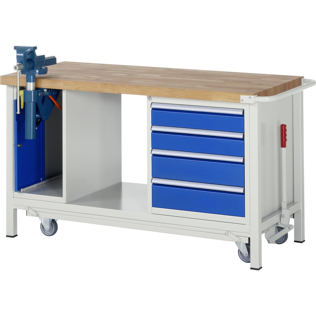 Produktabbildung: RAU Werkbank Serie 8000 mit absenkbarem Fahrgestell, 2 Container, 1 Ablageboden, HxBxT 880 x 1.500 x 700 mm, 4 x 90% Auszugs-Schubladen, Schraubstock