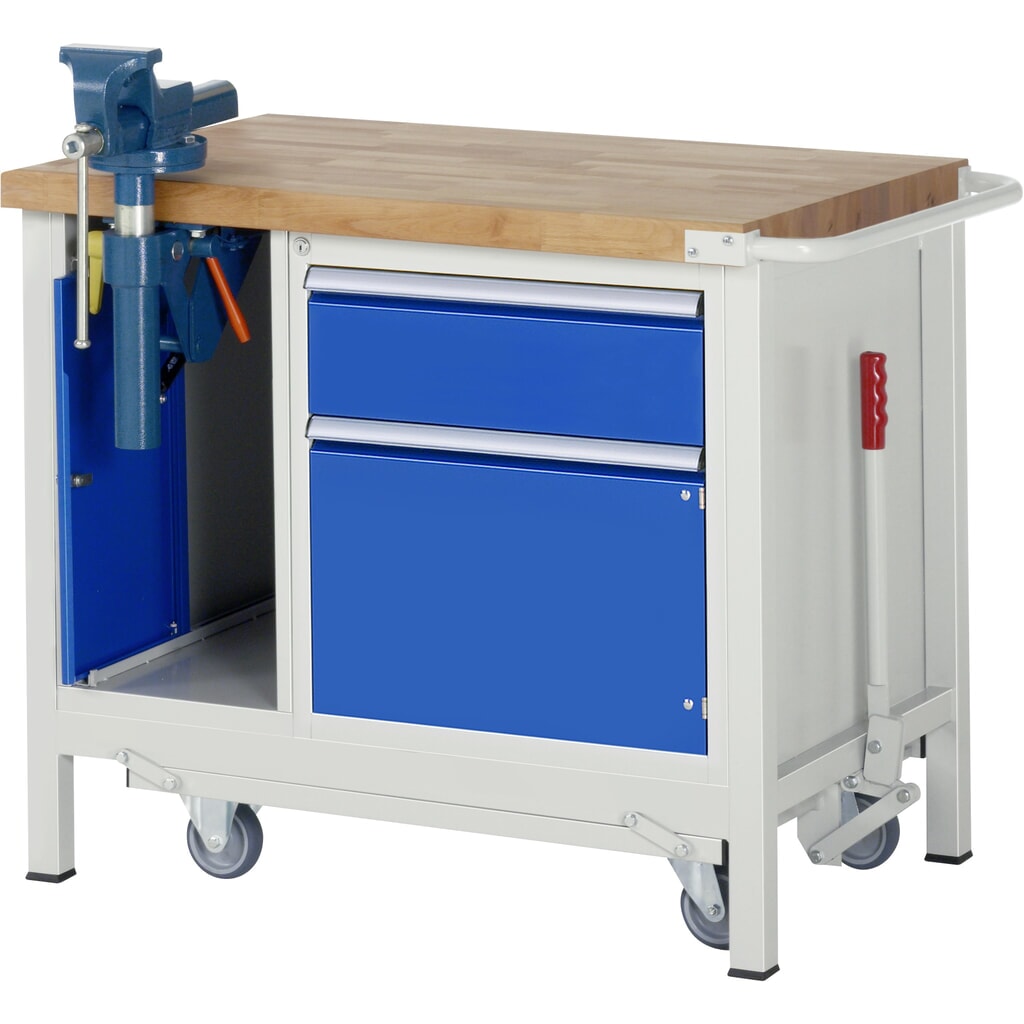Produktabbildung Nr. 1: RAU Werkbank Serie 8000 mit absenkbarem Fahrgestell, 2 Container, HxBxT 880 x 1.000 x 700 mm, 1 Flügeltür, 1 x 90% Auszugs-Schublade, Schraubstock