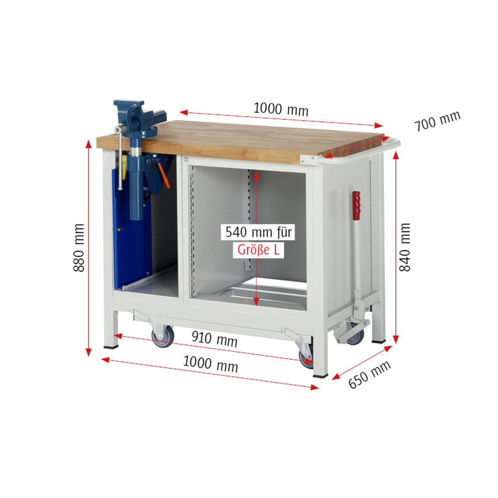 Produktabbildung Nr. 14: RAU Werkbank Serie 8000 mit absenkbarem Fahrgestell, 2 Container, HxBxT 880 x 1.000 x 700 mm, 3 x 90%-Auszug-Schubladen, ErgoScript