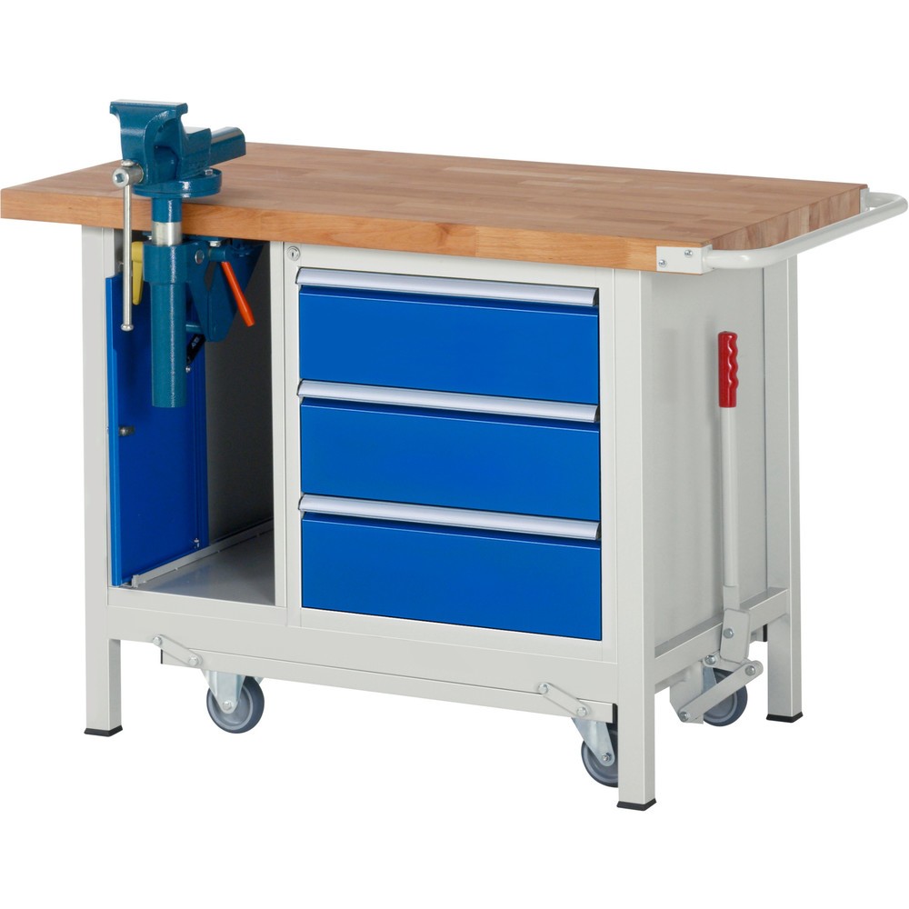 Produktabbildung Nr. 1: RAU Werkbank Serie 8000 mit absenkbarem Fahrgestell, 2 Container, HxBxT 880 x 1.250 x 700 mm, 3 x 90%-Auszug-Schubladen