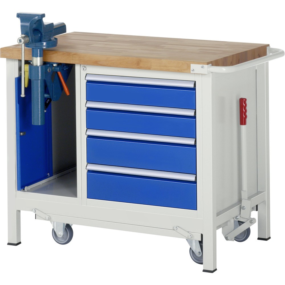 Produktabbildung: RAU Werkbank Serie 8000 mit absenkbarem Fahrgestell, 2 Container, HxBxT 880 x 1.000 x 700 mm, 4 x 90% Auszugs-Schubladen, Schraubstock