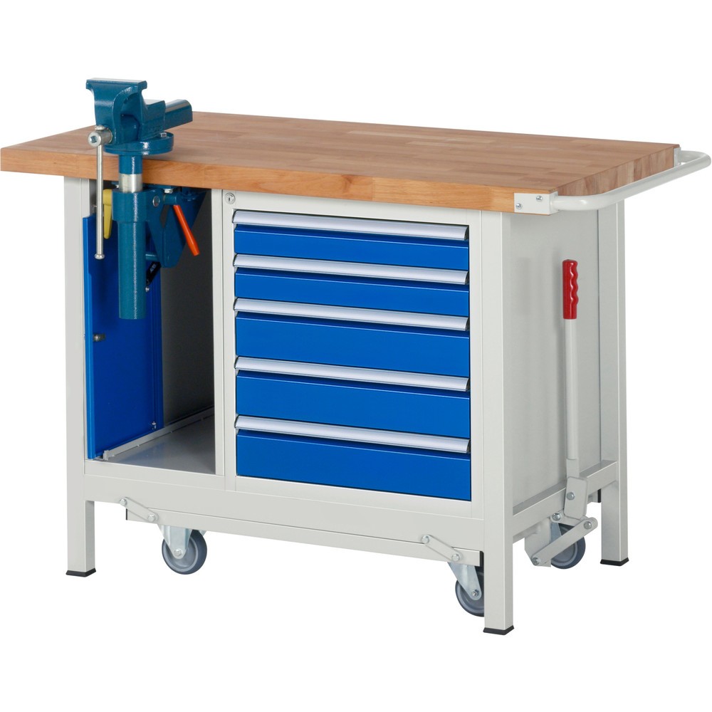 Produktabbildung Nr. 1: RAU Werkbank Serie 8000 mit absenkbarem Fahrgestell, 2 Container, HxBxT 880 x 1.250 x 700 mm, 5 Schubladen, Schraubstock
