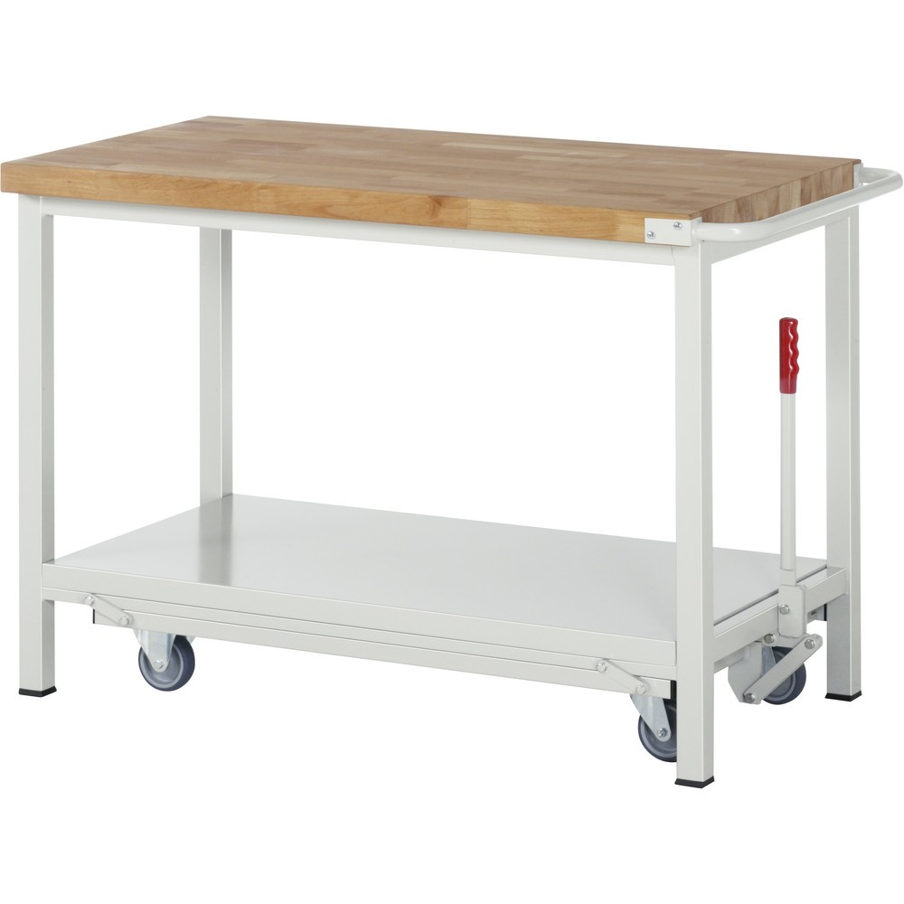 Produktabbildung: RAU Werkbank Serie 8000 mit absenkbarem Fahrgestell, HxBxT 880 x 1.250 x 700 mm, mit Ablageboden