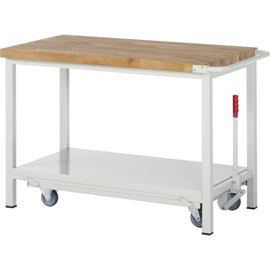 Produktabbildung: RAU Werkbank Serie 8000 mit absenkbarem Fahrgestell, HxBxT 880 x 1.250 x 700 mm, mit Ablageboden