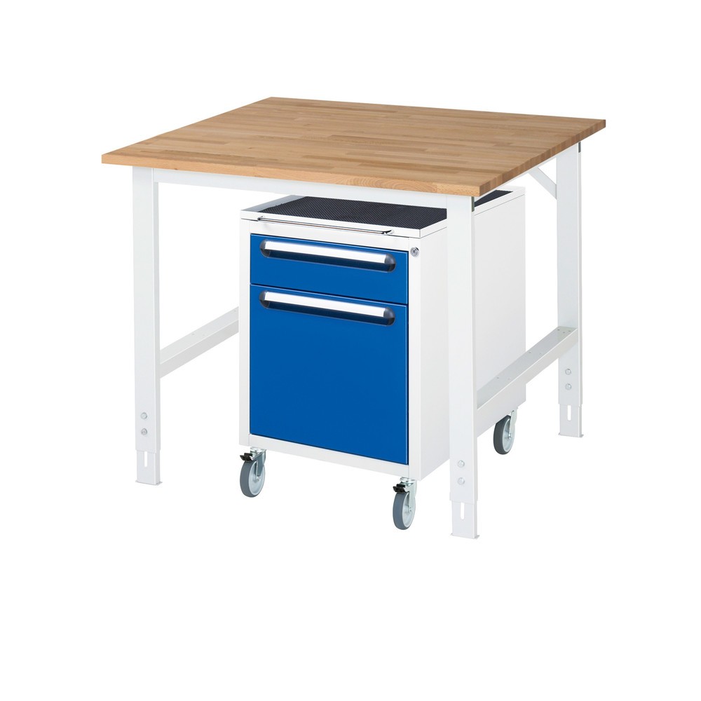 Produktabbildung Nr. 1: RAU Werkstatt-Set TOM 2-teilig, mit Werktisch, HxBxT 760-1.080 x 1.000 x 1.000 mm, Arbeitsplatte Buche-Massiv, zzgl. Roll-Container mit 2 Schubladen, HxBxT 690 x 480 x 600 mm