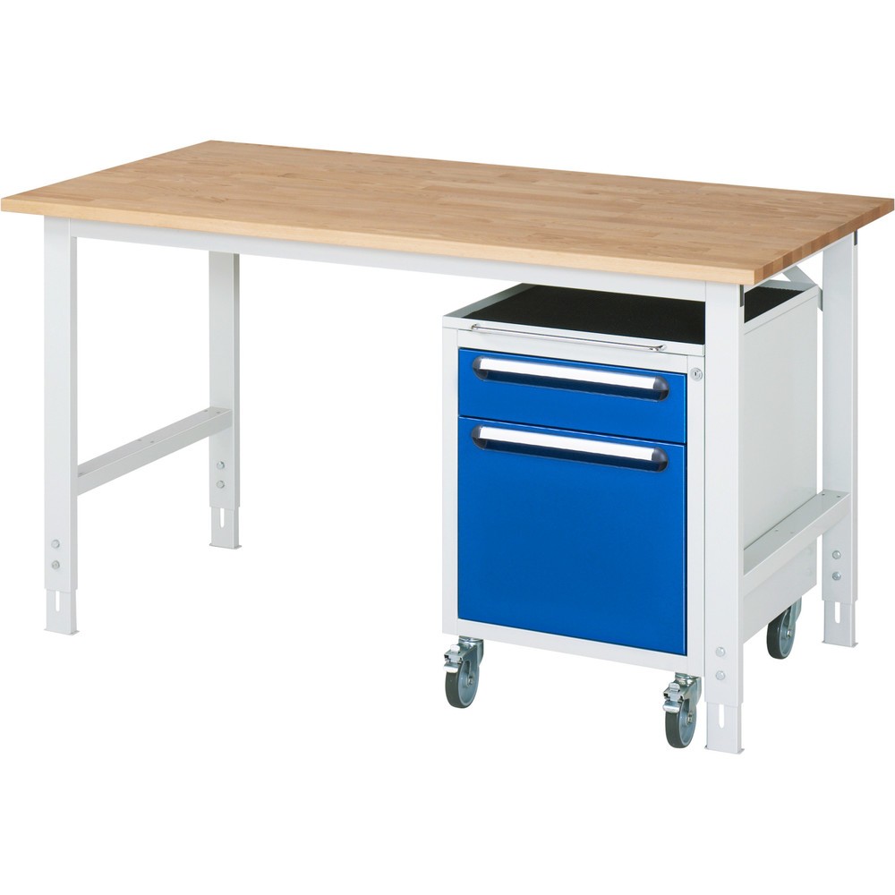 Produktabbildung Nr. 1: RAU Werkstatt-Set TOM 2-teilig, mit Werktisch, HxBxT 760-1.080 x 1.500 x 800 mm, Arbeitsplatte Buche-Massiv, zzgl. Roll-Container mit 2 Schubladen, HxBxT 690 x 480 x 600 mm