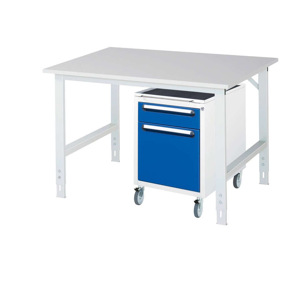 Produktabbildung Nr. 1: RAU Werkstatt-Set TOM 2-teilig, mit Werktisch, HxBxT 760-1.080 x 1.250 x 1.000 mm, Arbeitsplatte Melamin-Belag, zzgl. Roll-Container mit 2 Schubladen, HxBxT 690 x 480 x 600 mm