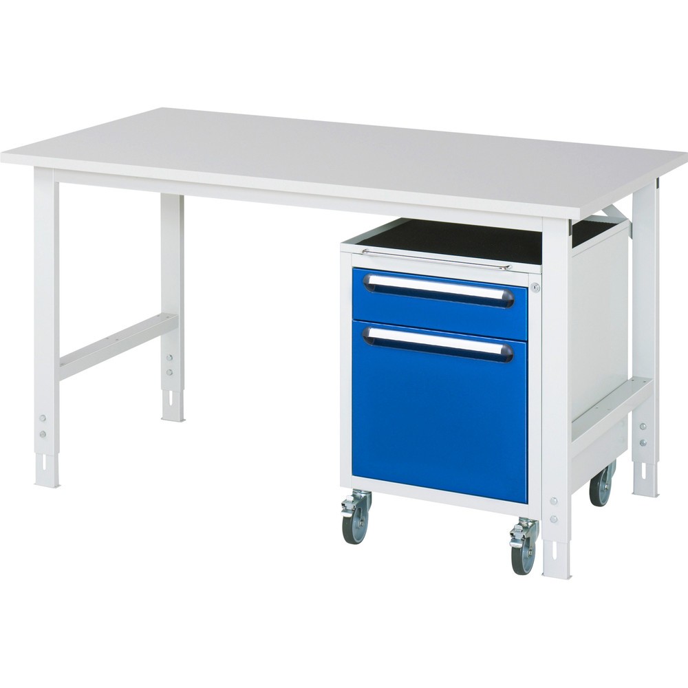 Produktabbildung Nr. 1: RAU Werkstatt-Set TOM 2-teilig, mit Werktisch, HxBxT 760-1.080 x 1.500 x 800 mm, Arbeitsplatte Melamin-Belag, zzgl. Roll-Container mit 2 Schubladen, HxBxT 690 x 480 x 600 mm