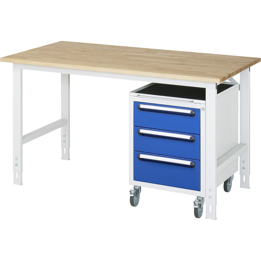 Produktabbildung Nr. 1: RAU Werkstatt-Set TOM 2-teilig, mit Werktisch, HxBxT 760-1.080 x 1.500 x 800 mm, Arbeitsplatte Buche-Massiv, zzgl. Roll-Container mit 3 Schubladen, HxBxT 690 x 480 x 600 mm