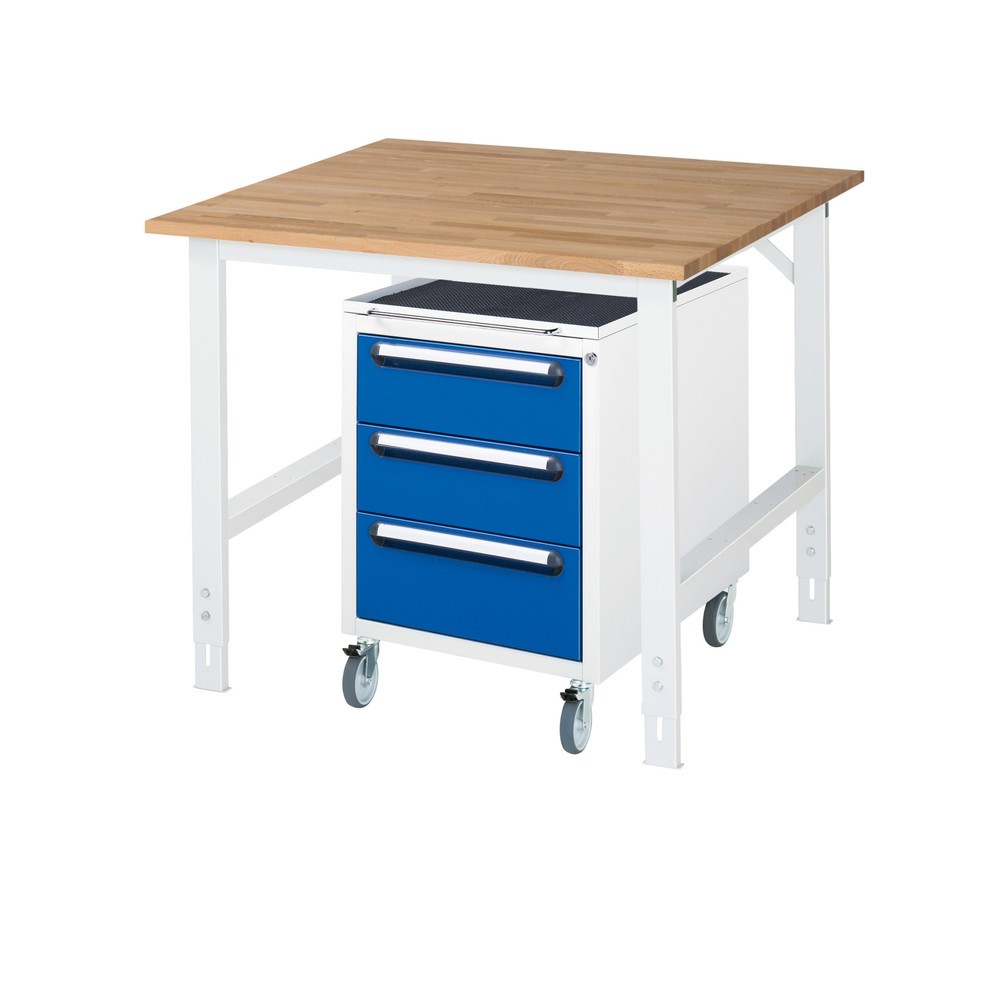 Produktabbildung Nr. 1: RAU Werkstatt-Set TOM 2-teilig, mit Werktisch, HxBxT 760-1.080 x 1.000 x 1.000 mm, Arbeitsplatte Buche-Massiv, zzgl. Roll-Container mit 3 Schubladen, HxBxT 690 x 480 x 600 mm