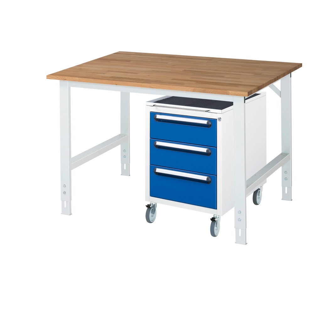 Produktabbildung Nr. 1: RAU Werkstatt-Set TOM 2-teilig, mit Werktisch, HxBxT 760-1.080 x 1.250 x 1.000 mm, Arbeitsplatte Buche-Massiv, zzgl. Roll-Container mit 3 Schubladen, HxBxT 690 x 480 x 600 mm