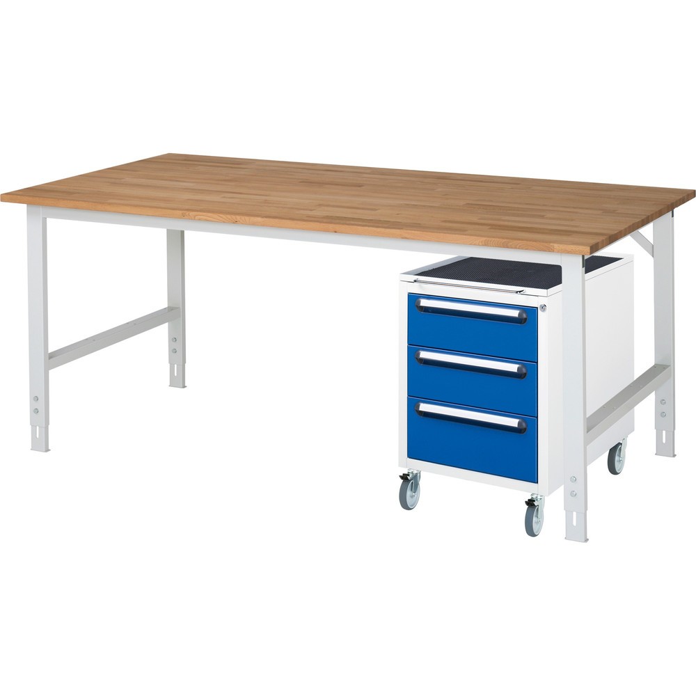 Produktabbildung Nr. 1: RAU Werkstatt-Set TOM 2-teilig, mit Werktisch, HxBxT 760-1.080 x 2.500 x 1.000 mm, Arbeitsplatte Buche-Massiv, zzgl. Roll-Container mit 3 Schubladen, HxBxT 690 x 480 x 600 mm