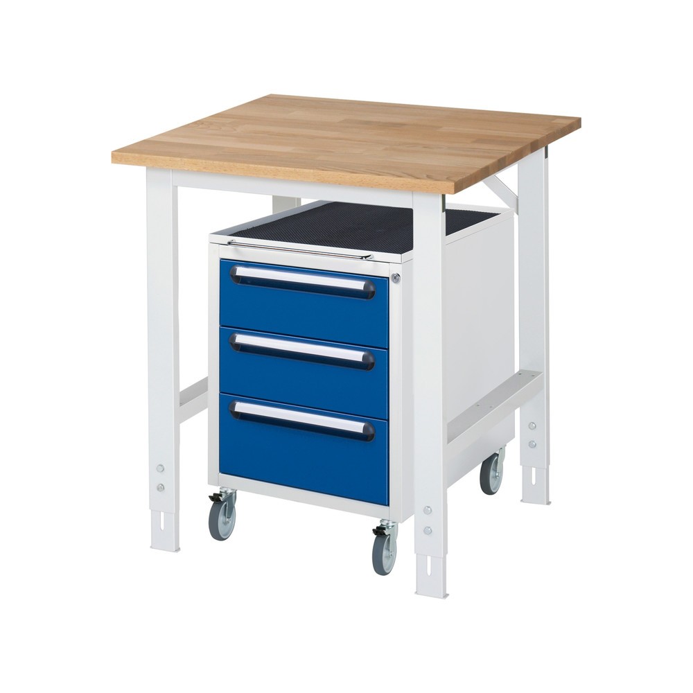 Produktabbildung: RAU Werkstatt-Set TOM 2-teilig, mit Werktisch, HxBxT 760-1.080 x 750 x 800 mm, Arbeitsplatte Buche-Massiv, zzgl. Roll-Container mit 3 Schubladen, HxBxT 690 x 480 x 600 mm