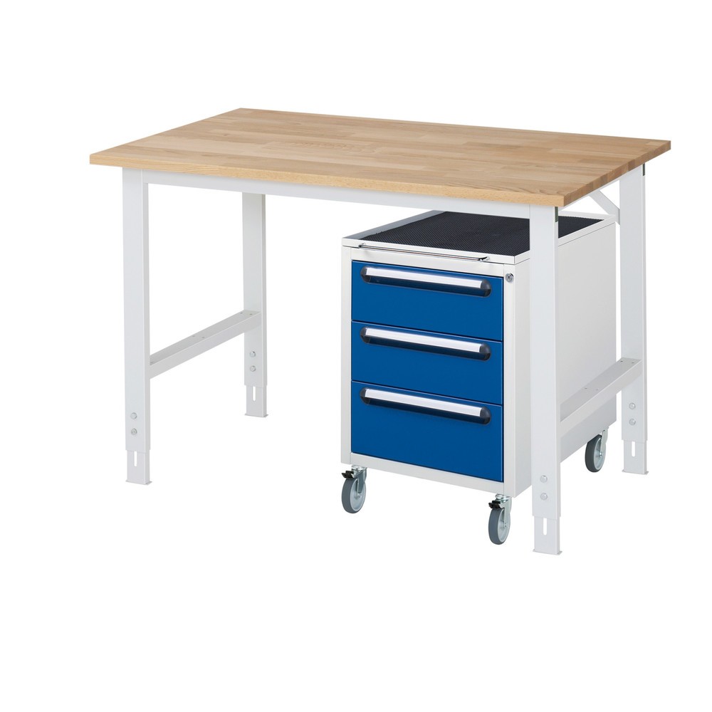 Produktabbildung Nr. 1: RAU Werkstatt-Set TOM 2-teilig, mit Werktisch, HxBxT 760-1.080 x 1.250 x 800 mm, Arbeitsplatte Buche-Massiv, zzgl. Roll-Container mit 3 Schubladen, HxBxT 690 x 480 x 600 mm