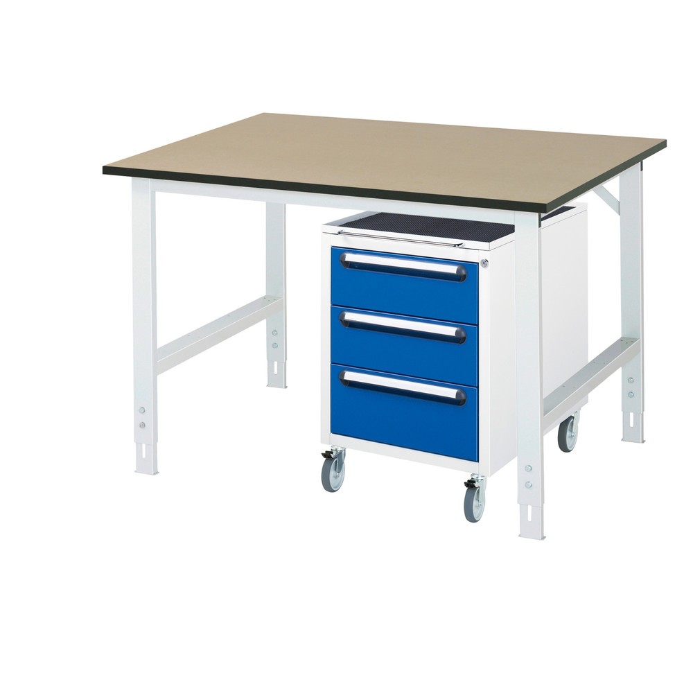 Produktabbildung Nr. 1: RAU Werkstatt-Set TOM 2-teilig, mit Werktisch, HxBxT 760-1.080 x 1.250 x 1.000 mm, MDF Arbeitsplatte, zzgl. Roll-Container mit 3 Schubladen, HxBxT 690 x 480 x 600 mm
