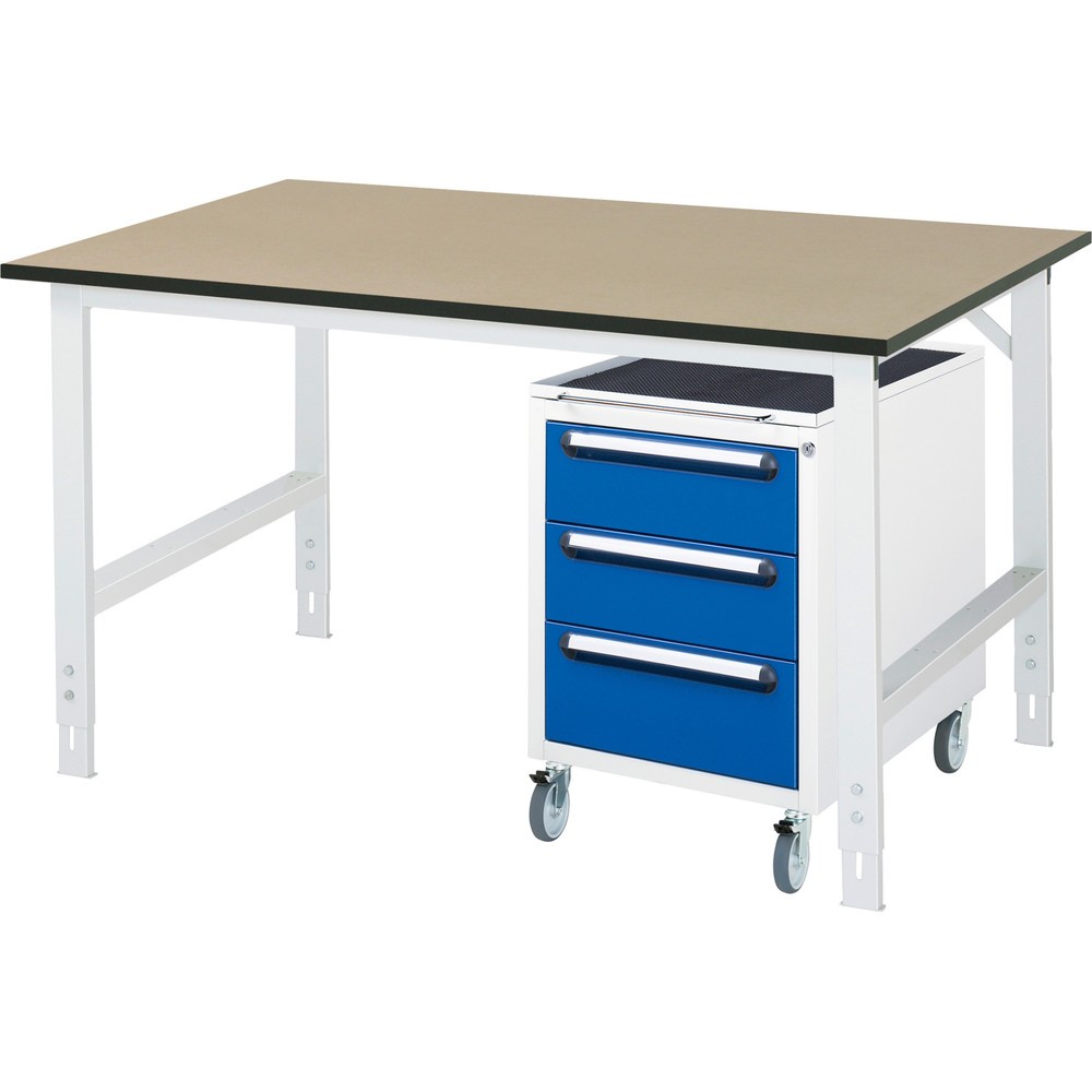 Produktabbildung Nr. 1: RAU Werkstatt-Set TOM 2-teilig, mit Werktisch, HxBxT 760-1.080 x 1.500 x 1.000 mm, MDF Arbeitsplatte, zzgl. Roll-Container mit 3 Schubladen, HxBxT 690 x 480 x 600 mm
