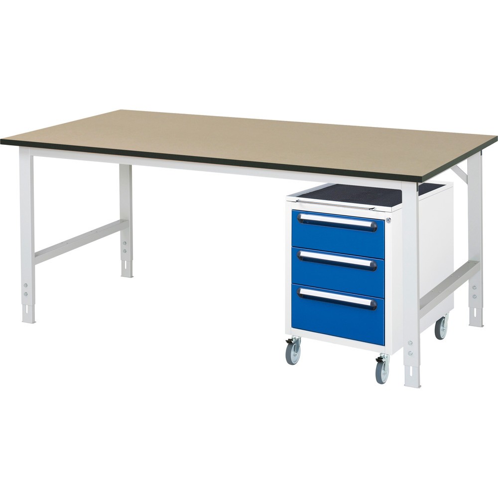 Produktabbildung Nr. 1: RAU Werkstatt-Set TOM 2-teilig, mit Werktisch, HxBxT 760-1.080 x 2.500 x 1.000 mm, MDF Arbeitsplatte, zzgl. Roll-Container mit 3 Schubladen, HxBxT 690 x 480 x 600 mm
