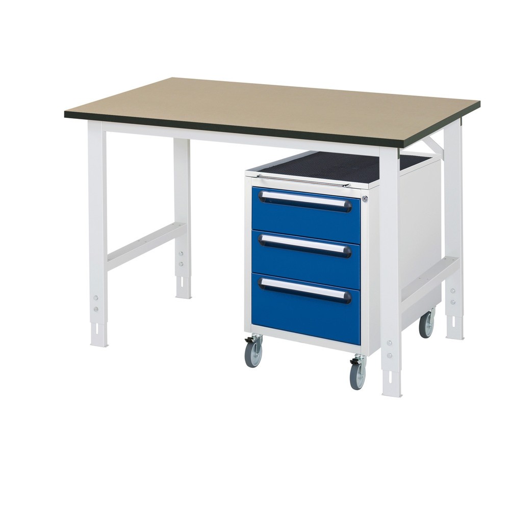 Produktabbildung Nr. 1: RAU Werkstatt-Set TOM 2-teilig, mit Werktisch, HxBxT 760-1.080 x 1.250 x 800 mm, MDF Arbeitsplatte, zzgl. Roll-Container mit 3 Schubladen, HxBxT 690 x 480 x 600 mm
