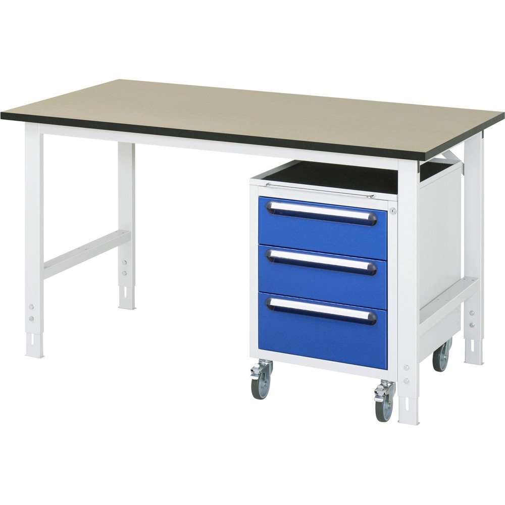 Produktabbildung Nr. 1: RAU Werkstatt-Set TOM 2-teilig, mit Werktisch, HxBxT 760-1.080 x 1.500 x 800 mm, MDF Arbeitsplatte, zzgl. Roll-Container mit 3 Schubladen, HxBxT 690 x 480 x 600 mm