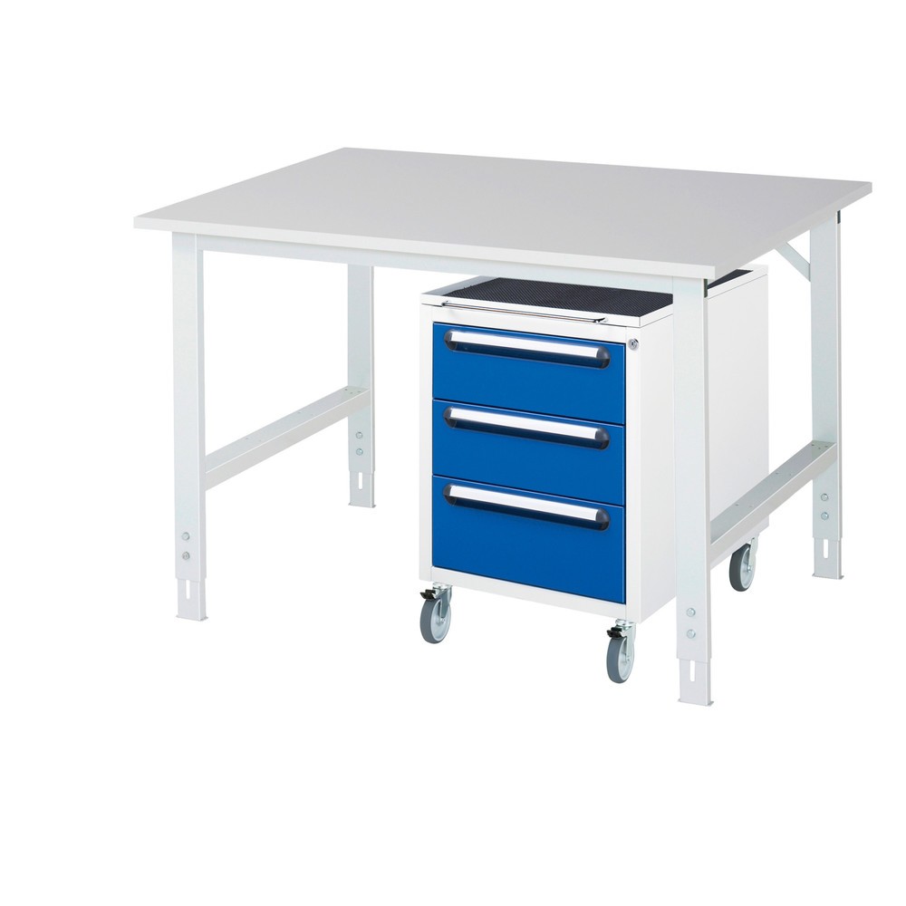 Produktabbildung Nr. 1: RAU Werkstatt-Set TOM 2-teilig, mit Werktisch, HxBxT 760-1.080 x 1.250 x 1.000 mm, Arbeitsplatte Melamin-Belag, zzgl. Roll-Container mit 3 Schubladen, HxBxT 690 x 480 x 600 mm