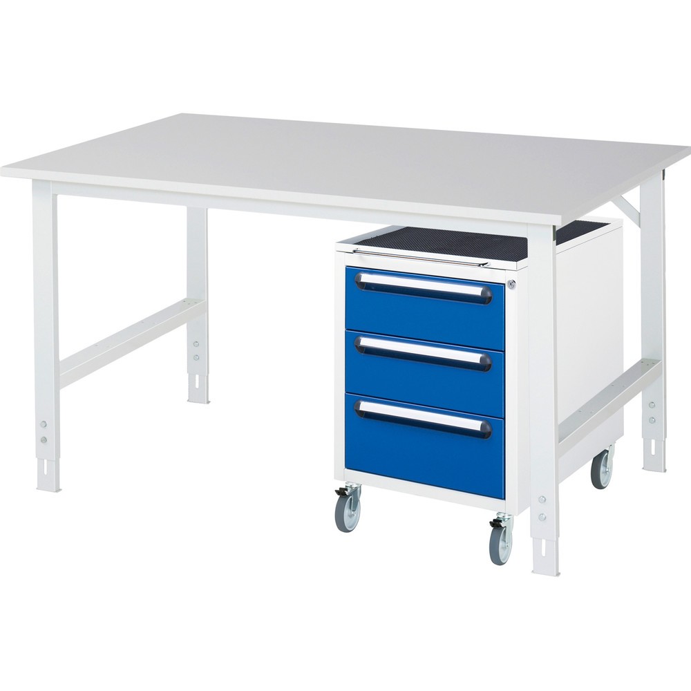 Produktabbildung Nr. 1: RAU Werkstatt-Set TOM 2-teilig, mit Werktisch, HxBxT 760-1.080 x 1.500 x 1.000 mm, Arbeitsplatte Melamin-Belag, zzgl. Roll-Container mit 3 Schubladen, HxBxT 690 x 480 x 600 mm