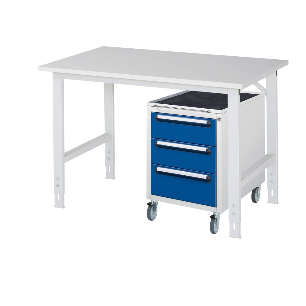 Produktabbildung Nr. 1: RAU Werkstatt-Set TOM 2-teilig, mit Werktisch, HxBxT 760-1.080 x 1.250 x 800 mm, Arbeitsplatte Melamin-Belag, zzgl. Roll-Container mit 3 Schubladen, HxBxT 690 x 480 x 600 mm