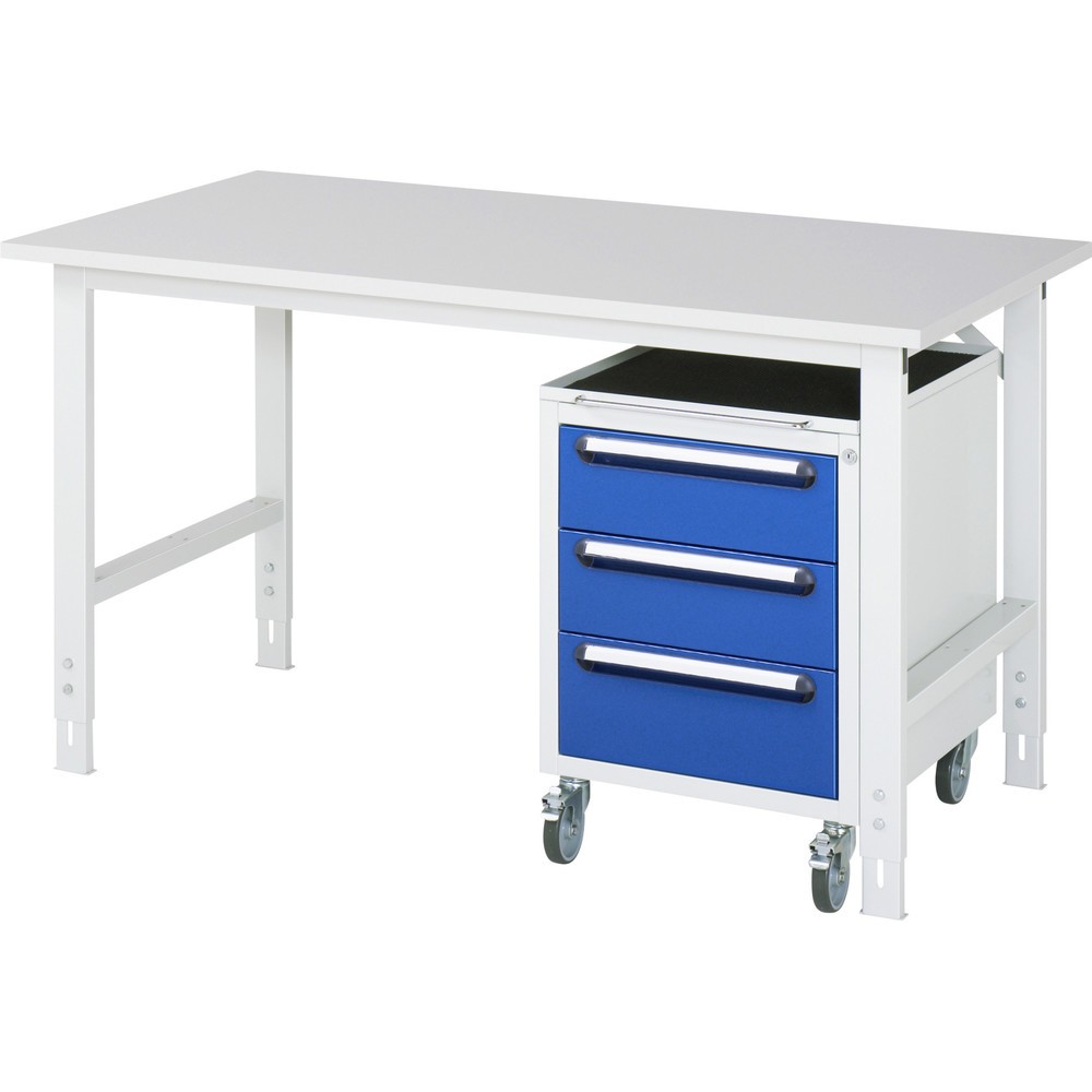 Produktabbildung Nr. 1: RAU Werkstatt-Set TOM 2-teilig, mit Werktisch, HxBxT 760-1.080 x 1.500 x 800 mm, Arbeitsplatte Melamin-Belag, zzgl. Roll-Container mit 3 Schubladen, HxBxT 690 x 480 x 600 mm