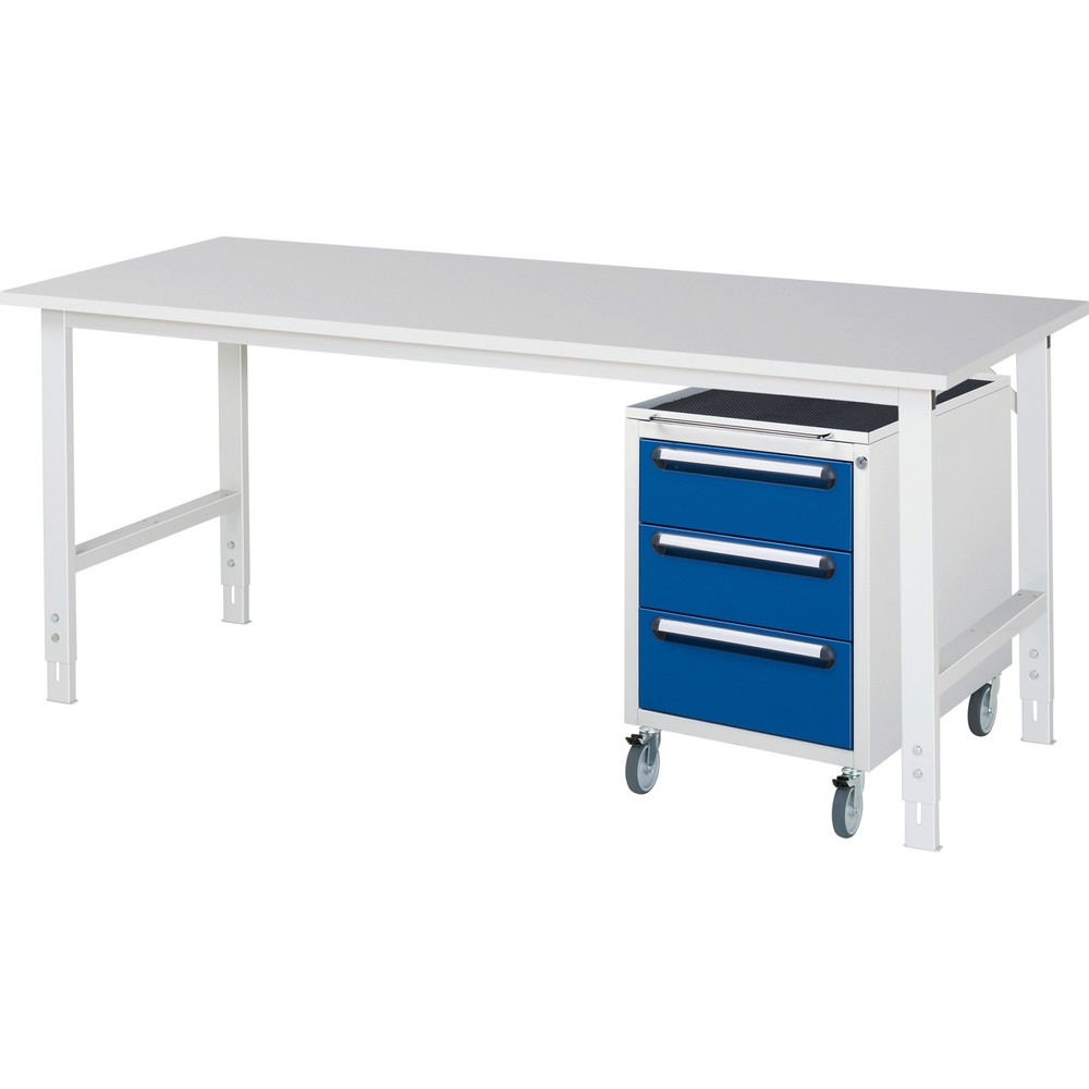 Produktabbildung Nr. 1: RAU Werkstatt-Set TOM 2-teilig, mit Werktisch, HxBxT 760-1.080 x 2.500 x 800 mm, Arbeitsplatte Melamin-Belag, zzgl. Roll-Container mit 3 Schubladen, HxBxT 690 x 480 x 600 mm