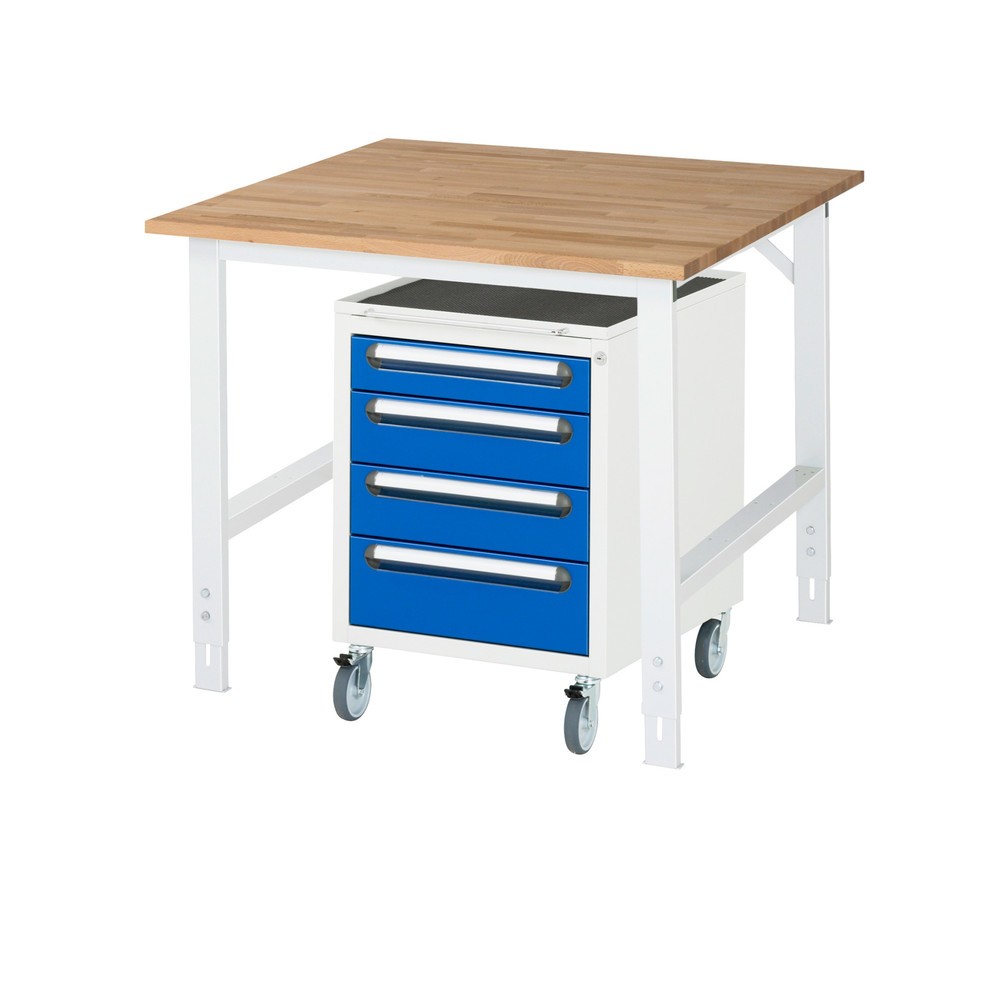 Produktabbildung Nr. 1: RAU Werkstatt-Set TOM 2-teilig, mit Werktisch, HxBxT 760-1.080 x 1.000 x 1.000 mm, Arbeitsplatte Buche-Massiv, zzgl. Roll-Container mit 3 Schubladen, HxBxT 690 x 480 x 600 mm