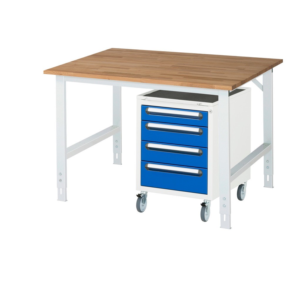 Produktabbildung Nr. 1: RAU Werkstatt-Set TOM 2-teilig, mit Werktisch, HxBxT 760-1.080 x 1.250 x 1.000 mm, Arbeitsplatte Buche-Massiv, zzgl. Roll-Container mit 3 Schubladen, HxBxT 690 x 480 x 600 mm