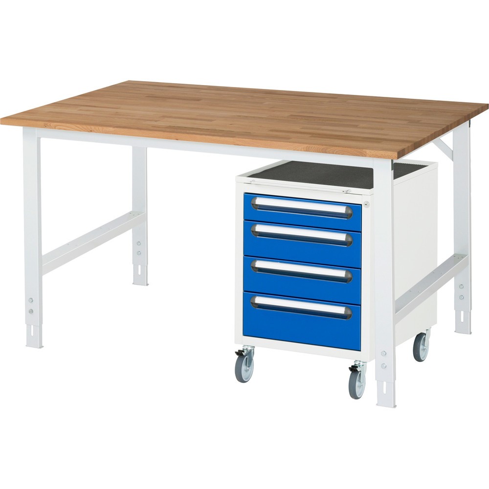 Produktabbildung Nr. 1: RAU Werkstatt-Set TOM 2-teilig, mit Werktisch, HxBxT 760-1.080 x 1.500 x 1.000 mm, Arbeitsplatte Buche-Massiv, zzgl. Roll-Container mit 3 Schubladen, HxBxT 690 x 480 x 600 mm