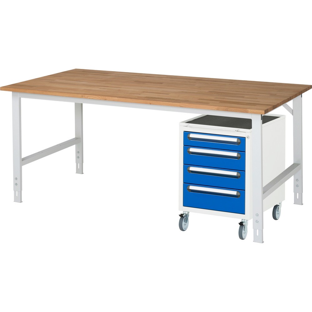 Produktabbildung: RAU Werkstatt-Set TOM 2-teilig, mit Werktisch, HxBxT 760-1.080 x 2.500 x 1.000 mm, Arbeitsplatte Buche-Massiv, zzgl. Roll-Container mit 3 Schubladen, HxBxT 690 x 480 x 600 mm