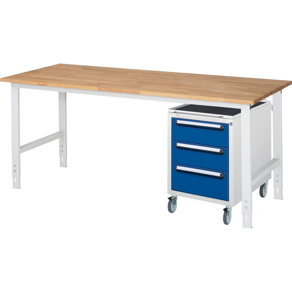 Produktabbildung Nr. 1: RAU Werkstatt-Set TOM 2-teilig, mit Werktisch, HxBxT 760-1.080 x 2.500 x 800 mm, Arbeitsplatte Buche-Massiv, zzgl. Roll-Container mit 3 Schubladen, HxBxT 690 x 480 x 600 mm