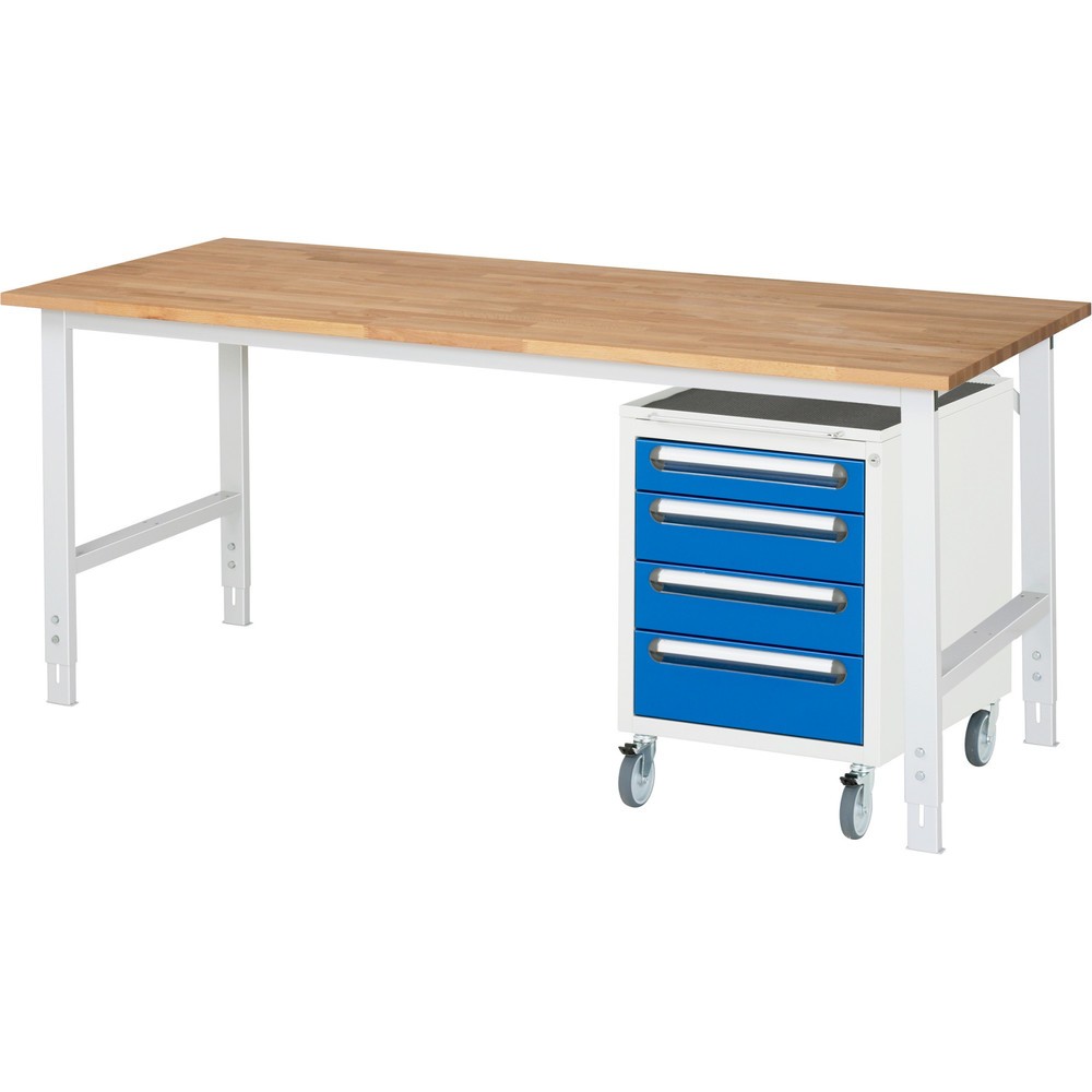 Produktabbildung Nr. 1: RAU Werkstatt-Set TOM 2-teilig, mit Werktisch, HxBxT 760-1.080 x 2.500 x 800 mm, Arbeitsplatte Buche-Massiv, zzgl. Roll-Container mit 3 Schubladen, HxBxT 690 x 480 x 600 mm