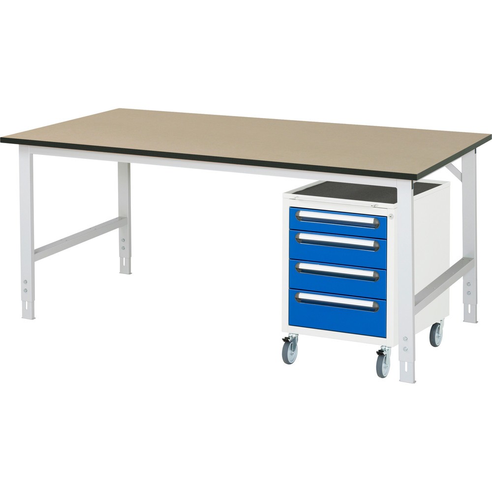 Produktabbildung Nr. 1: RAU Werkstatt-Set TOM 2-teilig, mit Werktisch, HxBxT 760-1.080 x 2.500 x 1.000 mm, MDF Arbeitsplatte, zzgl. Roll-Container mit 3 Schubladen, HxBxT 690 x 480 x 600 mm