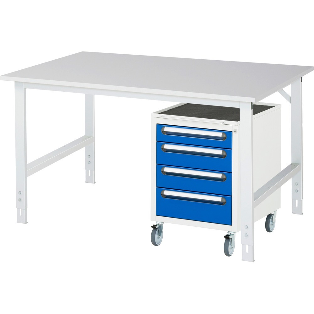 Produktabbildung Nr. 1: RAU Werkstatt-Set TOM 2-teilig, mit Werktisch, HxBxT 760-1.080 x 1.500 x 1.000 mm, Arbeitsplatte Melamin-Belag, zzgl. Roll-Container mit 3 Schubladen, HxBxT 690 x 480 x 600 mm