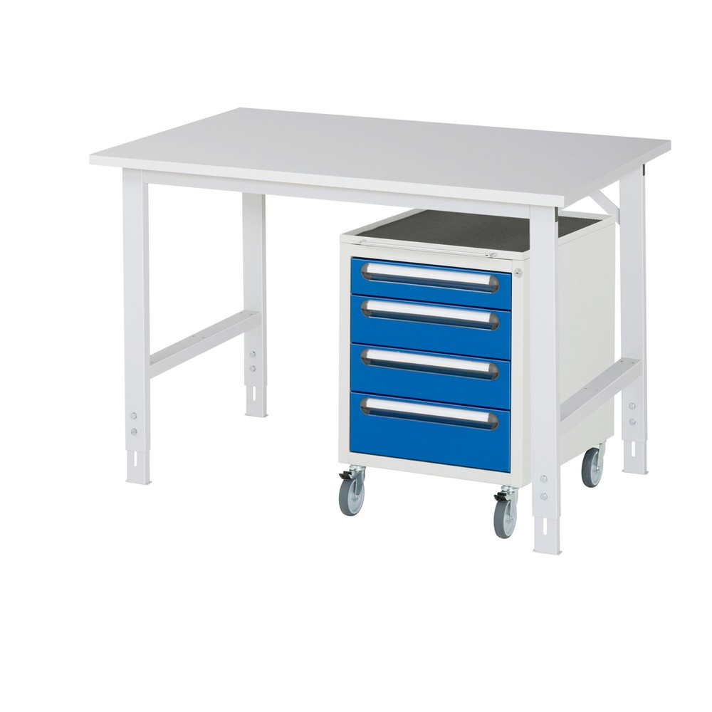 Produktabbildung: RAU Werkstatt-Set TOM 2-teilig, mit Werktisch, HxBxT 760-1.080 x 1.250 x 800 mm, Arbeitsplatte Melamin-Belag, zzgl. Roll-Container mit 3 Schubladen, HxBxT 690 x 480 x 600 mm