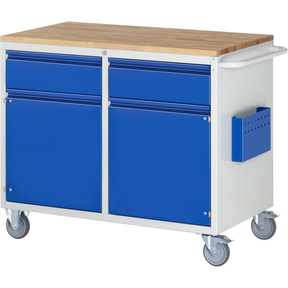 Produktabbildung: RAU Werkstattwagen Serie 7000, HxBxT 975 x 1.145 x 650 mm, 2 Flügeltüren, 2 x 90%-Auszug-Schubladen 2 x 180 mm, Arbeitsplatte Buche, Griffleiste