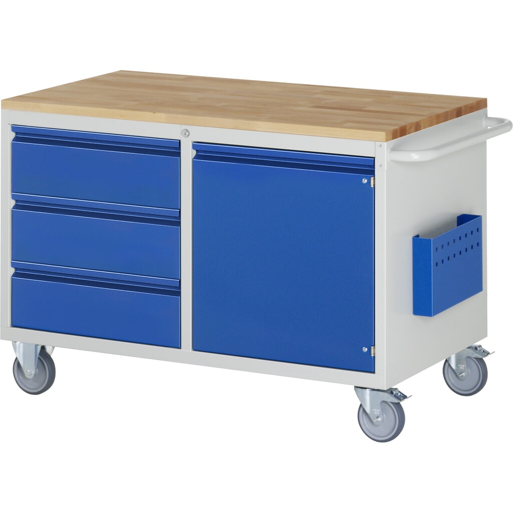 RAU Werkstattwagen Serie 7000, HxBxT 795 x 1.145 x 650 mm, 1 Flügeltür, 3 x 90%-Auszug-Schubladen Teilauszug, Arbeitsplatte Buche, Griffleiste Produktabbildung: RAU Werkstattwagen Serie 7000, HxBxT 795 x 1.145 x 650 mm, 1 Flügeltür, 3 x 90%-Auszug-Schubladen Teilauszug, Arbeitsplatte Buche, Griffleiste