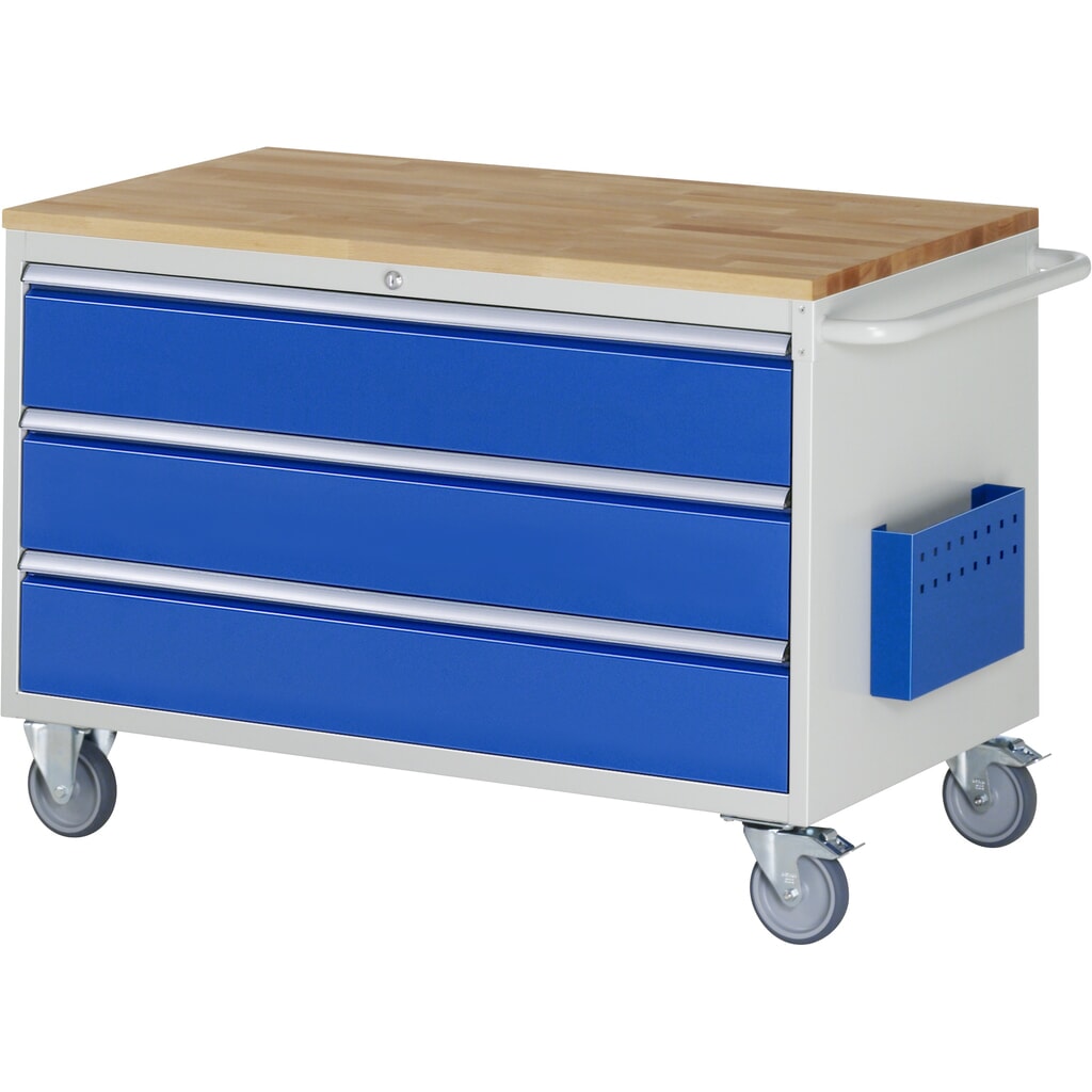 RAU Werkstattwagen Serie 7000, HxBxT 795 x 1.145 x 650 mm, 3 x 90%-Auszug-Schubladen 3 x 180 mm, Arbeitsplatte Buche Produktabbildung: RAU Werkstattwagen Serie 7000, HxBxT 795 x 1.145 x 650 mm, 3 x 90%-Auszug-Schubladen 3 x 180 mm, Arbeitsplatte Buche