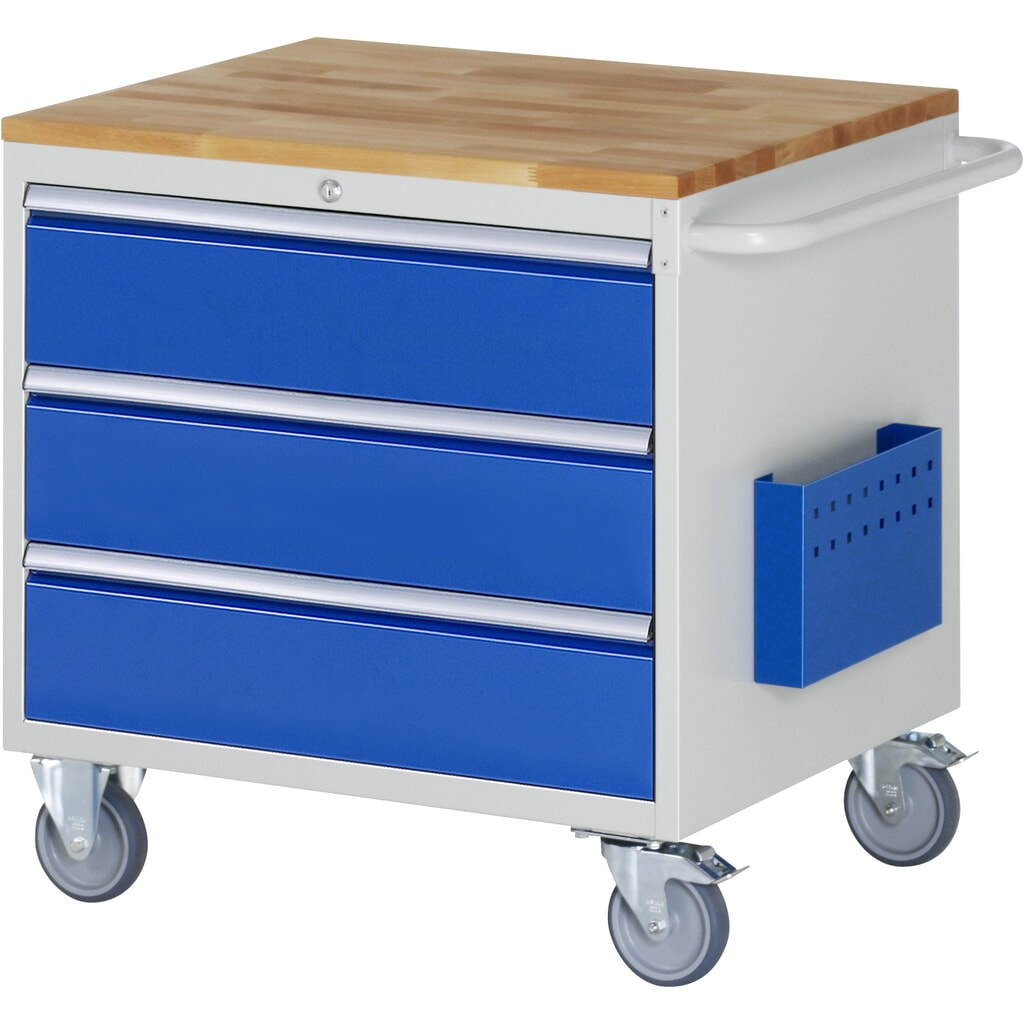Produktabbildung: RAU Werkstattwagen Serie 7000, HxBxT 795 x 770 x 650 mm, 3 x 90%-Auszug-Schubladen 3 x 180 mm, Arbeitsplatte Buche