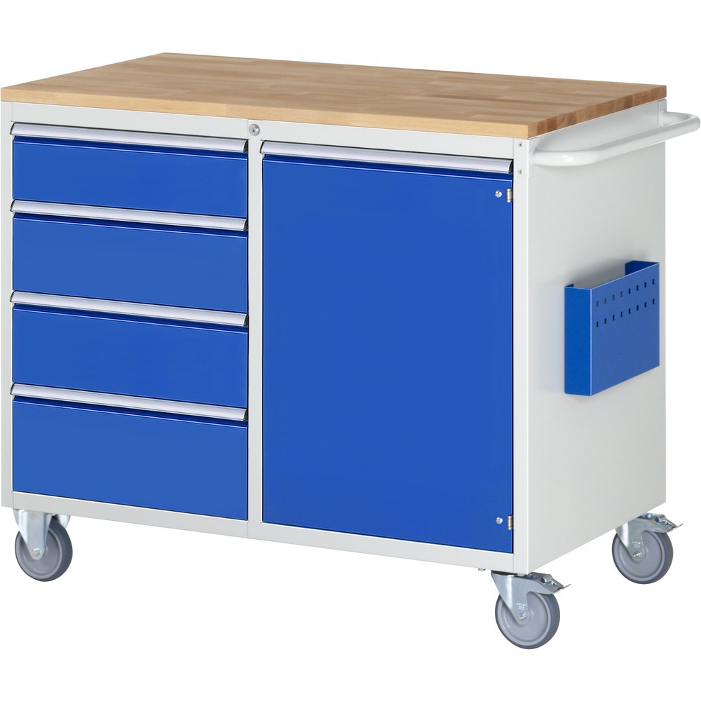 Produktabbildung: RAU Werkstattwagen Serie 7000, HxBxT 975 x 1.145 x 650 mm, 1 Flügeltür, 4 x 90%-Auszug-Schubladen 1 x 150, 2 x 180, 1 x 210 mm, Arbeitsplatte Buche