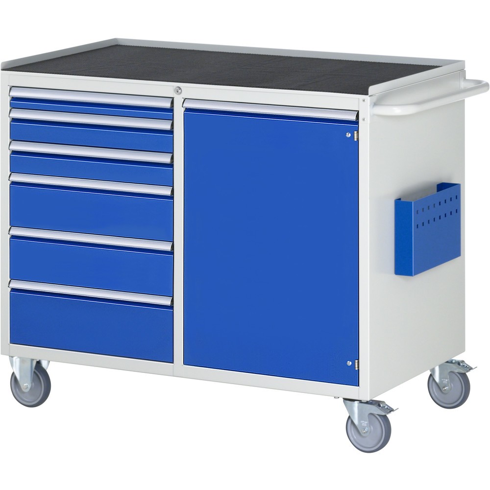 Produktabbildung: RAU Werkstattwagen Serie 7000, HxBxT 975 x 1.145 x 650 mm, 1 Flügeltür, 6 x 100%-Auszug-Schubladen 1 x 60, 2 x 90, 2 x 150, 1 x 180 mm, Arbeitsplatte Metall